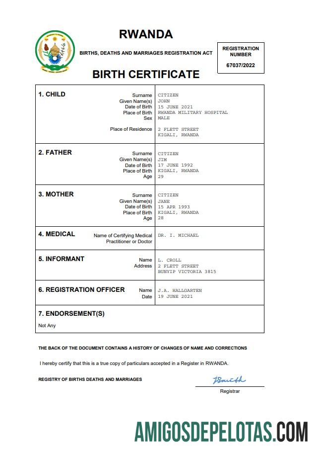 Realista modelo Word e PDF de certidão de nascimento de Ruanda